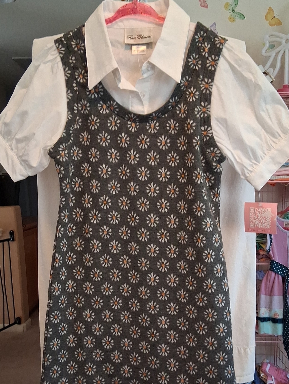 Classic Gray Floral Knit Dress with White Blouse